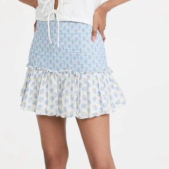LoveShackFancy Dresses & Skirts - LoveShackFancy Roux Mini Skirt Blue Floral Ruffle Coquette  Size L
